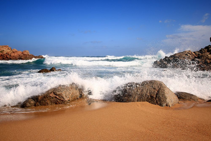 Picture of WHITE SEA FOAM ON RED ROCKS BEACH 