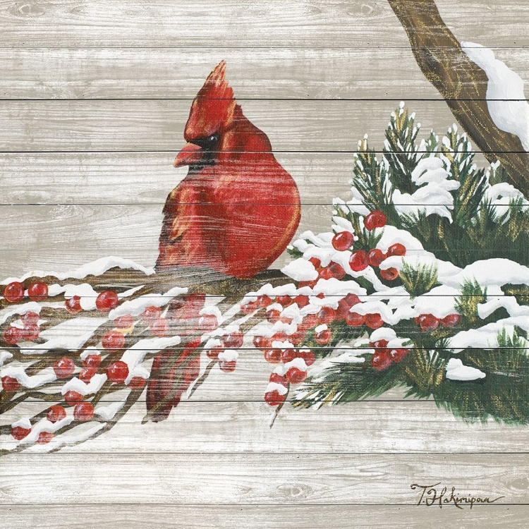 Picture of WINTER RED BIRD ON WOOD I