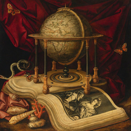 Picture of STILL LIFE WITH CELESTIAL GLOBE, A BOOK, SHELLS, A SNAKE AND BUTTERFLIES 