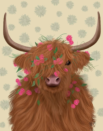Picture of HIGHLAND COW 1, PINK FLOWERS