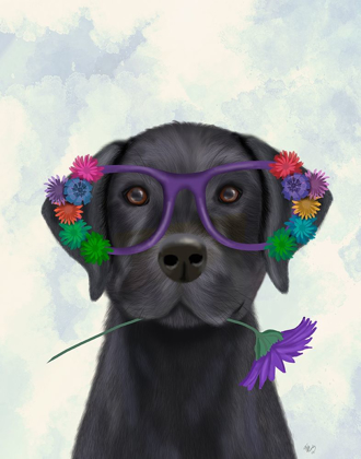 Picture of BLACK LABRADOR AND FLOWER GLASSES