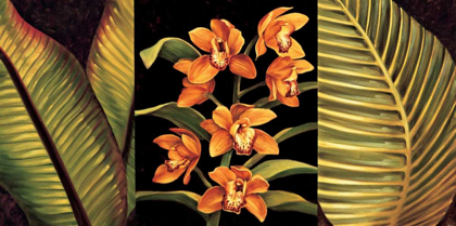 Picture of ORANGE ORCHIDS AND PALM LEAVES