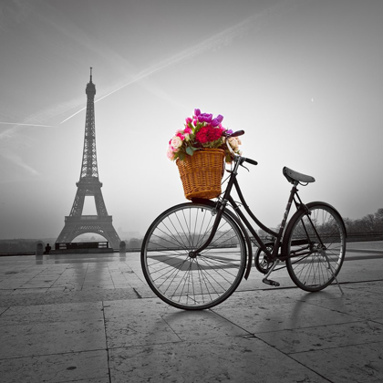 Picture of BICYCLE WITH A BASKET OF FLOWERS NEXT TO THE EIFFEL TOWER