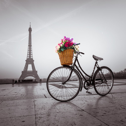 Picture of BICYCLE WITH A BASKET OF FLOWERS NEXT TO THE EIFFEL TOWER
