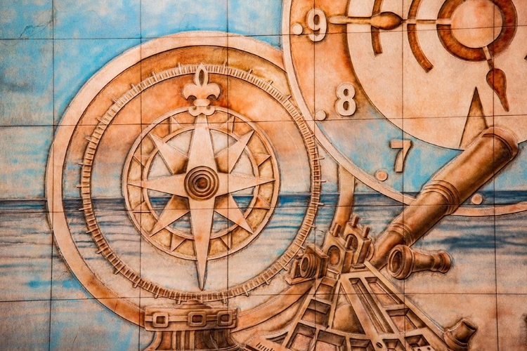 Picture of NILE RIVER EXPEDITION-LOWER EGYPT-CAIRO MURAL OF COMPASS AND CLOCK SIGNIFYING EGYPTS EARLY ADVANCES