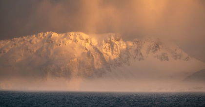Picture of ANTARCTICA-SOUTH GEORGIA ISLAND-BAY OF ISLES SUNRISE PANORAMIC OF FOG ON MOUNTAIN AND OCEAN 