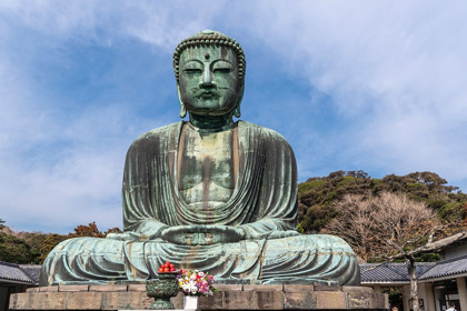 Picture of THE GREAT BUDDHA-DAIBUTSU-OFFERINGS IN FRONT-BLUE SKY ABOVE IN KAMAKURA-JAPAN