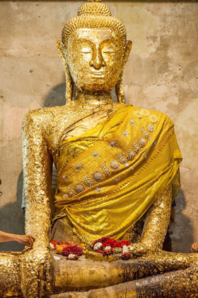 Picture of THAILAND-SAMUT SONGKHRAM PROVINCE-AMPHAWA DISTRICT BUDDHA STATUE COVERED WITH GOLD LEAF OFFERINGS