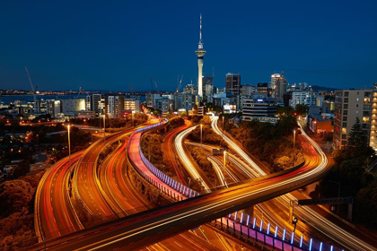 Picture of MOTORWAYS-LIGHTPATH CYCLEWAY-AND SKYTOWER AT DUSK-AUCKLAND-NORTH ISLAND-NEW ZEALAND