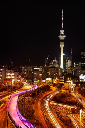 Picture of MOTORWAYS-LIGHTPATH CYCLEWAY-AND SKYTOWER AT NIGHT-AUCKLAND-NORTH ISLAND-NEW ZEALAND