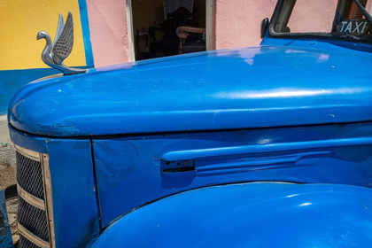 Picture of DETAIL OF CLASSIC BLUE AMERICAN CAR WITH CHROME SWAN HOOD ORNAMENT IN TRINIDAD-CUBA