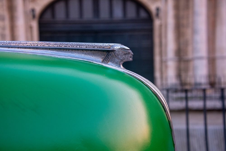 Picture of DETAIL OF HOOD ORNAMENT ON GREEN CLASSIC AMERICAN PONTIAC CAR IN HABANA-HAVANA-CUBA