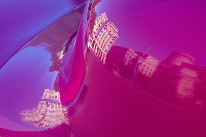 Picture of REFLECTION OF BUILDINGS IN TRUNK OF HOT PINK CLASSIC AMERICAN OLDSMOBILE HAVANA-CUBA