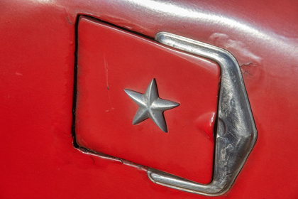 Picture of DETAIL OF GASOLINE TANK DOOR WITH STAR ON CLASSIC AMERICAN CAR IN VIEJA-OLD HABANA-HAVANA-CUBA