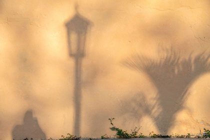 Picture of EARLY MORNING SHADOW OF A MAN AND LAMPPOST AND PLANT ON HOUSE WALL IN TRINIDAD-CUBA