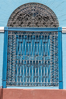 Picture of ORNATE WROUGHT IRON COVERING ON BLUE WOODEN WINDOW SHUTTERS-TRINIDAD-CUBA