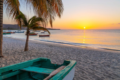Picture of CARIBBEAN-GRENADA-GRENADINES SUNSET AND WOODEN FISHING BOAT ON GRAND ANSE BEACH