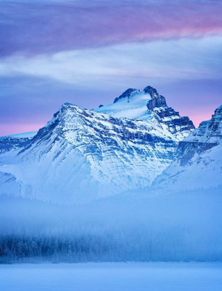 Picture of CANADA-ALBERTA-BANFF NATIONAL PARK-DUSK AND FOG AT MOUNT HECTOR AND BOW LAKE