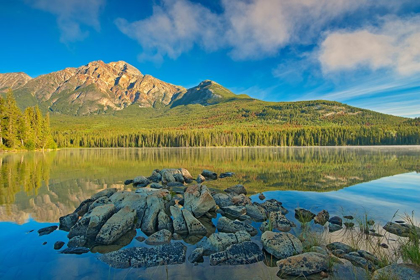 Picture of CANADA-ALBERTA-JASPER NATIONAL PARK PYRAMID MOUNTAIN AND REFLECTIONS ON PYRAMID LAKE