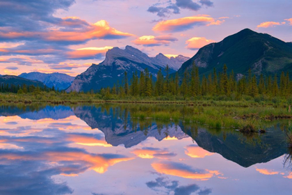 Picture of CANADA-ALBERTA-BANFF NATIONAL PARK REFLECTIONS IN LAKE AT SUNSET