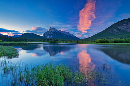 Picture of CANADA-ALBERTA-BANFF NATIONAL PARK CLOUD REFLECTED IN LAKE AT SUNRISE