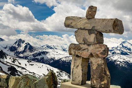 Picture of CANADA-BRITISH COLUMBIA GARIBALDI PROVINCIAL PARK INUKSHUK STONE FIGURE CLOSE-UP AND MOUNTAINS 