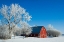 Picture of CANADA-MANITOBA-GRANDE POINTE HOARFROST AND RED BARN IN WINTER