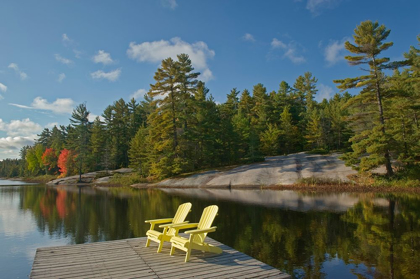 Picture of CANADA-ONTARIO-GRUNDY LAKE PROVINCIAL PARK MUSKOKA CHAIRS ON LAKE DOCK