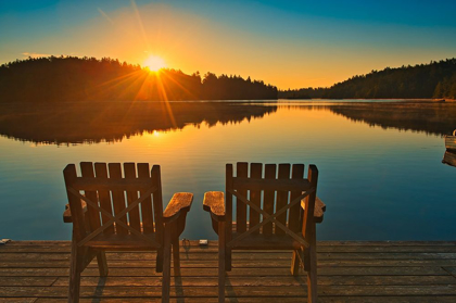 Picture of CANADA-ONTARIO-TEMAGAMI MUSKOKA CHAIRS ON SNAKE ISLAND LAKE DOCK AT SUNRISE