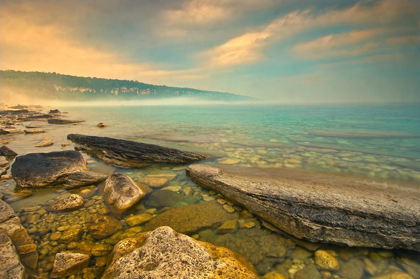 Picture of CANADA-ONTARIO-MORNING FOG ON GEORGIAN BAY LIMESTONE ROCK BARROW BAY BRUCE PENINSULA