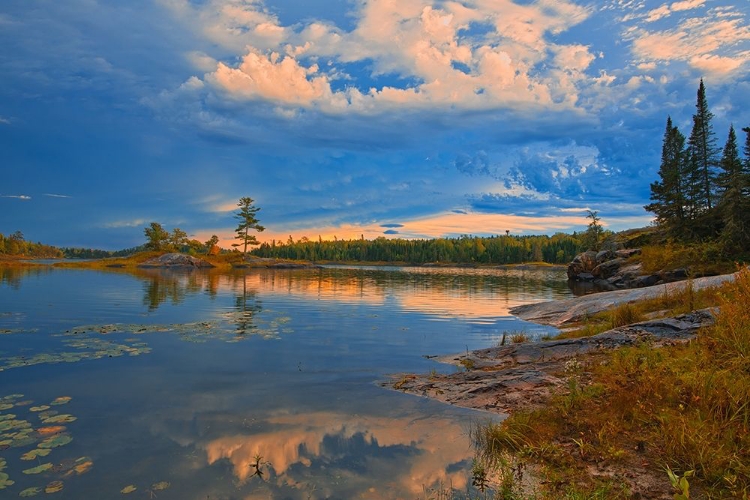 Picture of CANADA-ONTARIO-KENORA DISTRICT FOREST AUTUMN COLORS REFLECT ON MIDDLE LAKE AT SUNRISE