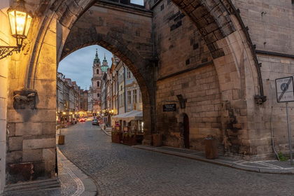 Picture of ARCH OF LESSER TOWN BRIDGE TOWER ON CHARLES BRIDGE WITH ST NICHOLAS CHURCH IN PRAGUE-CZECH REPUBLIC