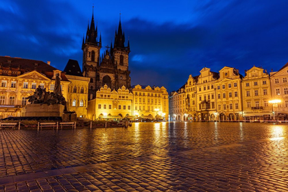 Picture of TYN CHURCH AT DAWN ON WET COBBLESTONES IN OLD TOWN SQUARE IN PRAGUE-CZECH REPUBLIC
