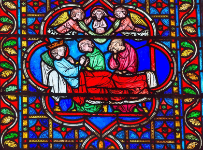 Picture of KING DEATH BED ANGELS MEDIEVAL STORIES STAINED GLASS-NOTRE DAME CATHEDRAL-PARIS-FRANCE 