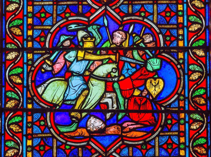 Picture of KNIGHTS FIGHTING SWORDS HORSES BATTLE WAR STAINED GLASS-NOTRE DAME CATHEDRAL-PARIS-FRANCE 