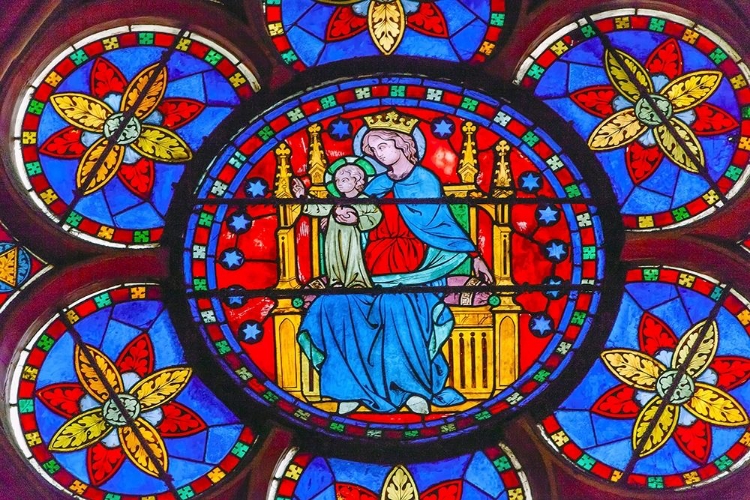 Picture of VIRGIN MARY-JESUS CHRIST STAINED GLASS-NOTRE DAME CATHEDRAL-PARIS-FRANCE 