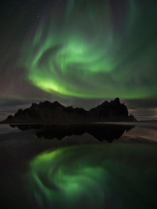 Picture of NORTHERN LIGHTS ABOVE VESTRAHORN BEACH NEAR HOFN IN THE SOUTHEAST OF ICELAND