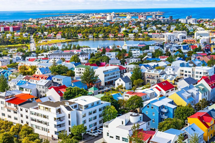 Picture of SMALL TJORNIN LAKE BLUE OCEAN SEA COLORFUL BLUE RED WHITE GREEN HOUSES STREETS-REYKJAVIK-ICELAND