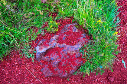 Picture of RED VOLCANIC STONE GREEN GRASS KERIO VOLCANO CRATER BLUE LAKE GOLDEN FALLS GOLDEN CIRCLE