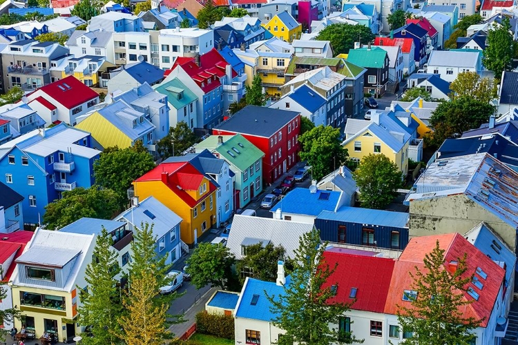 Picture of COLORFUL RED GREEN BLUE YELLOW HOUSES CARS STREETS-REYKJAVIK-ICELAND