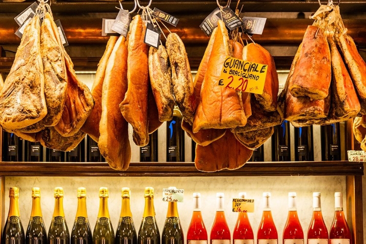 Picture of ITALY-ROME PIAZZA DELLA ROTUNDA-MEAT (HAMS) AND WINE FOR SALE AT SALAMI ANTICA