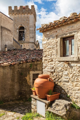 Picture of MESSINA PROVINCE-MONTALBANO ELICONA TERRA COTTA URNS NEXT TO OLD STONE BUILDING