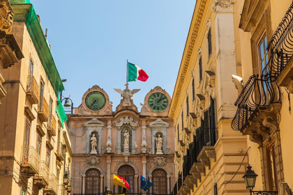 Picture of TRAPANI PROVINCE-TRAPANI CLOCK TOWER WITH THE ITALIAN FLAG IN THE CITY CENTER OF TRAPANI