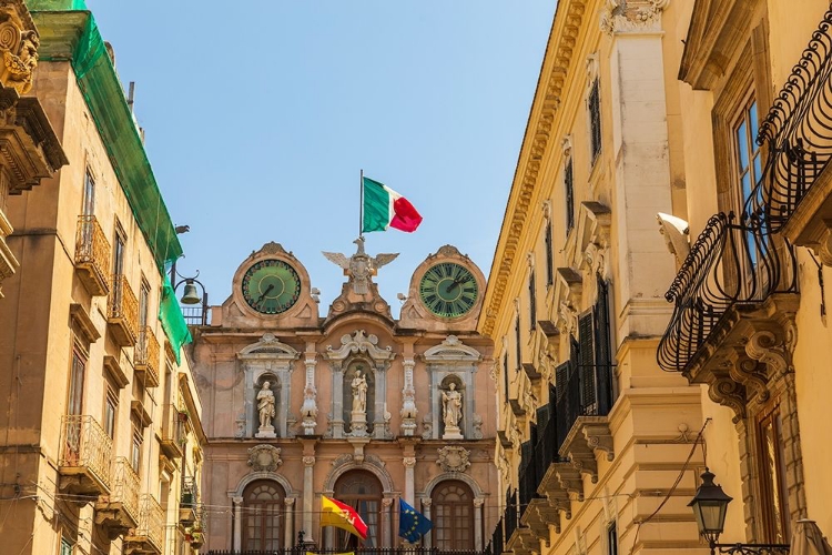 Picture of TRAPANI PROVINCE-TRAPANI CLOCK TOWER WITH THE ITALIAN FLAG IN THE CITY CENTER OF TRAPANI