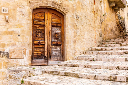 Picture of ITALY-BASILICATA-PROVINCE OF MATERA-MATERA OLD WOODEN DOOR IN A STONE WALL ABOVE STONE STEPS