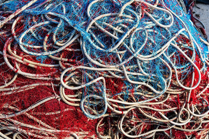 Picture of ITALY-APULIA-PROVINCE OF LECCE-GALLIPOLI TEXTURE DETAIL OF FISHING NETS IN RED-WHITE-AND BLUE