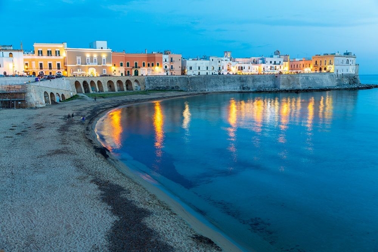 Picture of ITALY-APULIA-PROVINCE OF LECCE-GALLIPOLI BEACH AND OLD TOWN SECTION OVER THE IONIAN SEA AT DUSK