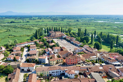 Picture of ITALY-MANTOVA-LE GRAZIE VILLAGE-BASILICA AND SQUARE-MINCIO RIVER VALLEY IN THE BACKGROUND