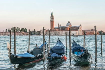 Picture of ITALY-VENICE GONDOLAS ON THE WATERFRONT WITH SAN GIORGIO MAGGIORE CHURCH IN THE BACKGROUND