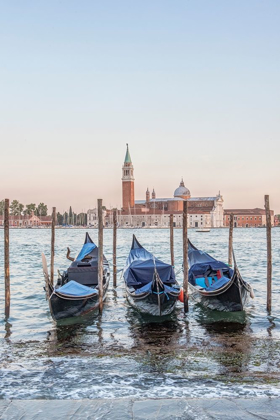 Picture of ITALY-VENICE GONDOLAS ON THE WATERFRONT WITH SAN GIORGIO MAGGIORE CHURCH IN THE BACKGROUND